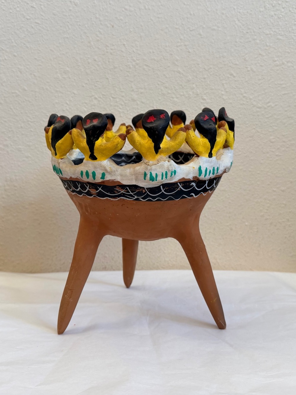 Vintage Folk Art Tripod Pottery Vessel Human Figures Terracotta Bowl 8.5x7 READ